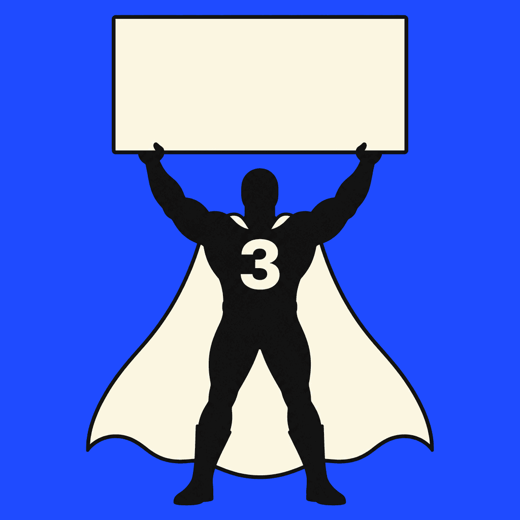 Three, holding a sign above his head with the record on it